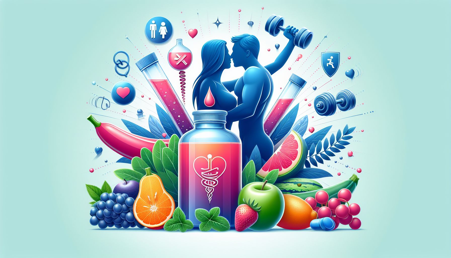 Illustration of various sexual performance boosters, including supplements, medications, and healthy lifestyle choices, with educational infographics